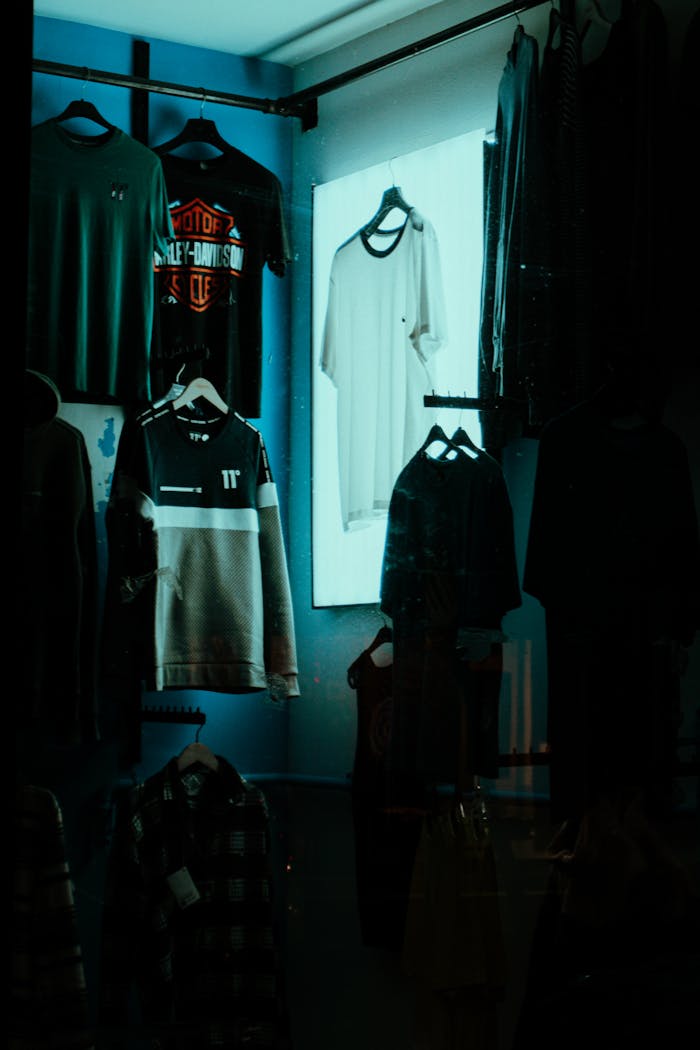 The Art of Drawing Readers In: Your attractive post title goes here Dark and stylish display of hanging clothes in a retail store window.